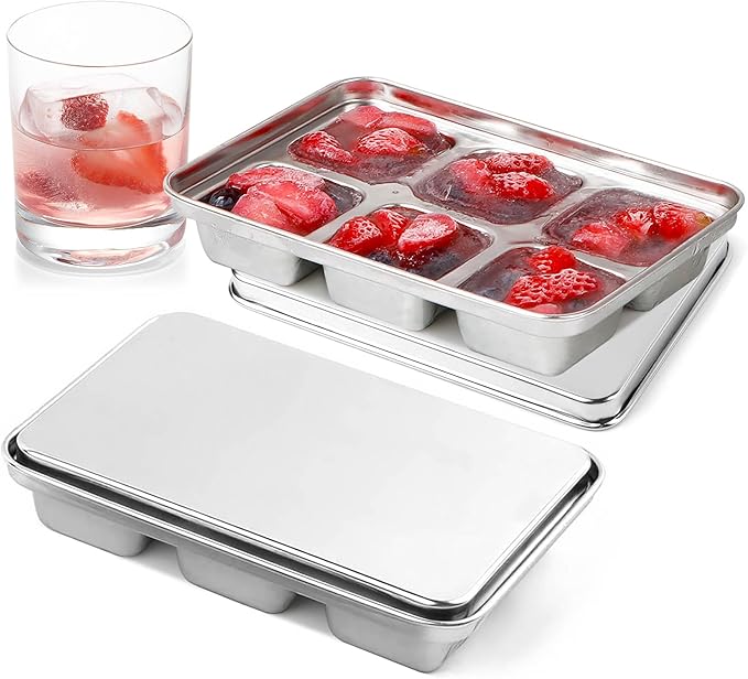 Ice Cube Tray with Lid, 2 Pack 12 Big Cubes, Stainless Steel Ice Cube Trays by glendaveny