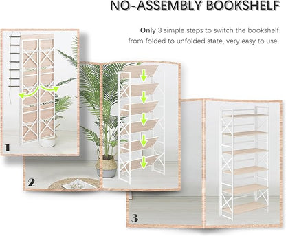 4NM 6 Tiers No Assembly Book Shelves, 61.8" H Folding Bookshelf Bookcase Open - Image 6