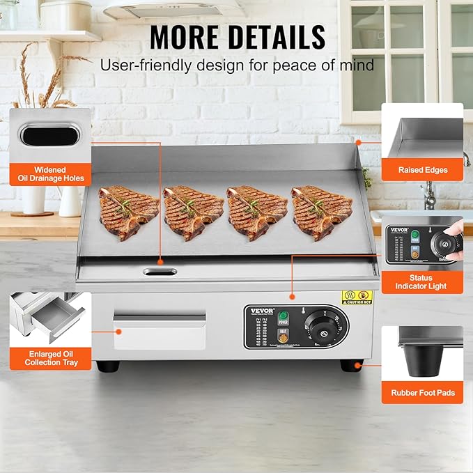 VEVOR Commercial Electric Griddle, 1700W Countertop Flat Top Grill, 18in - Image 6