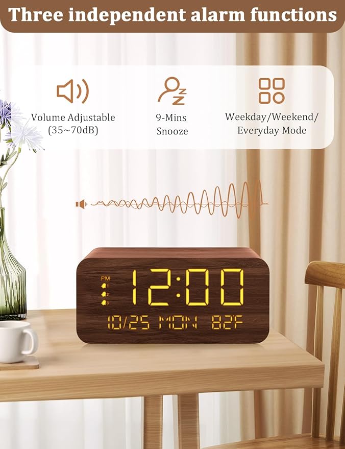 Digital Alarm Clock, with Wooden Electronic LED Time Display, 3 Alarm Settings - Image 4