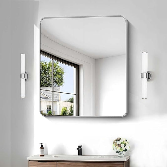 Silver Bathroom Mirror, 30 x 36 Inch Metal Framed Silver Rectangle Mirror by WelcometoCIVENO