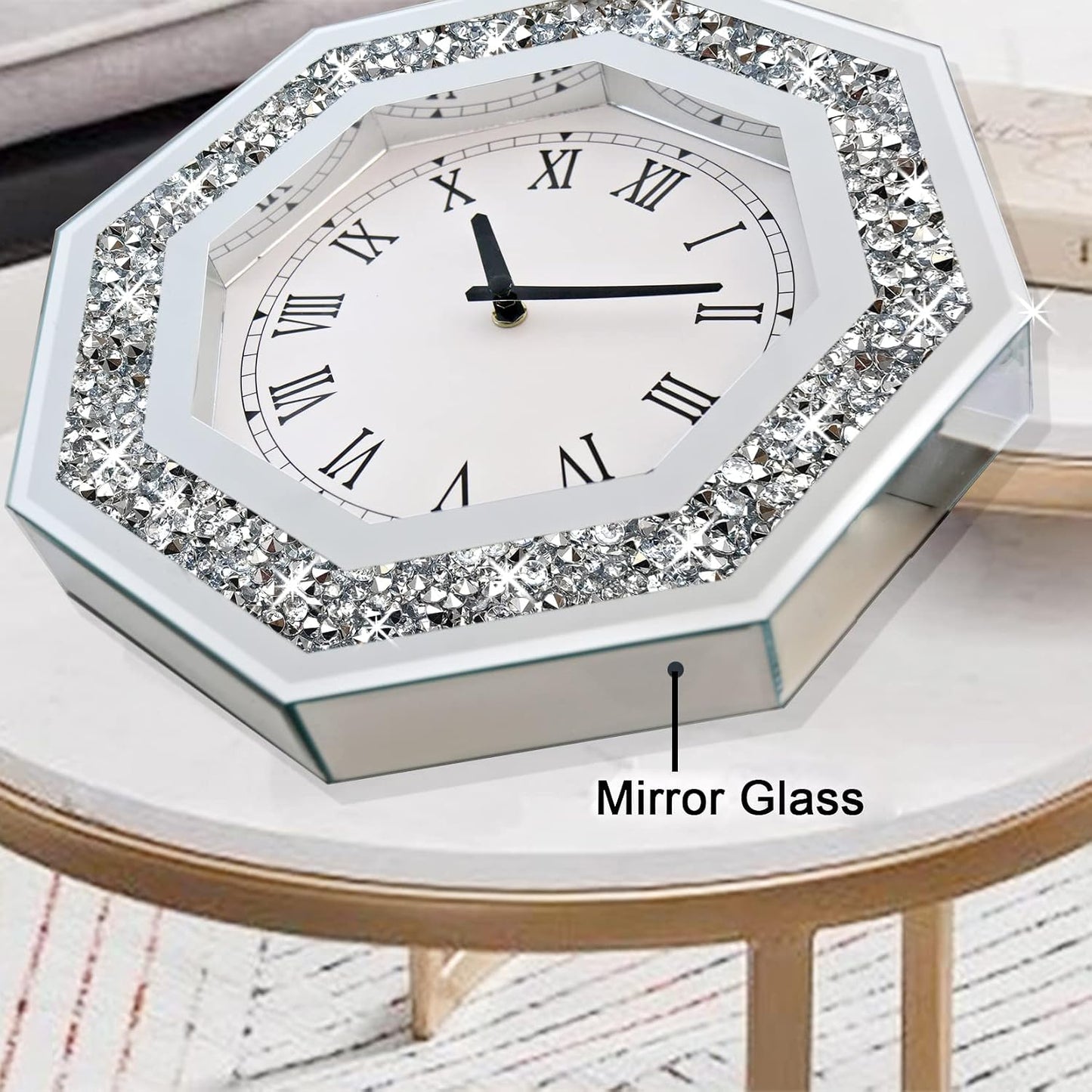 Wall Clock, Octagon Mirror Glass Clock, Cute Diamond 12-inch Non-Ticking Clock for Wall Décor, Perfect Home Decor for Bedroom, Bathroom Motif, Dining Room(Excluding Batteries.)