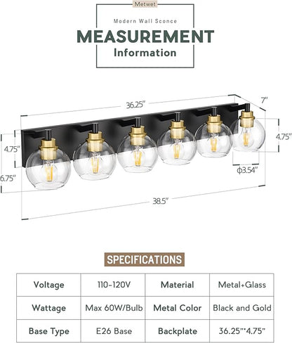 METWET Bathroom Light Fixtures, 6-Light Black and Gold Bathroom Vanity Light - Image 3