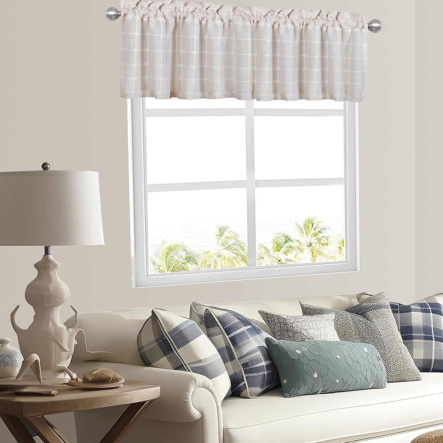 2 Pack Faux Linen Valance for Windows Light Filtering Plaid Curtain Valances Kitchen Living Room Rod Pocket Farmhouse Country Rustic Bathroom Small Window Treatment (52x18 inch, Light Beige)