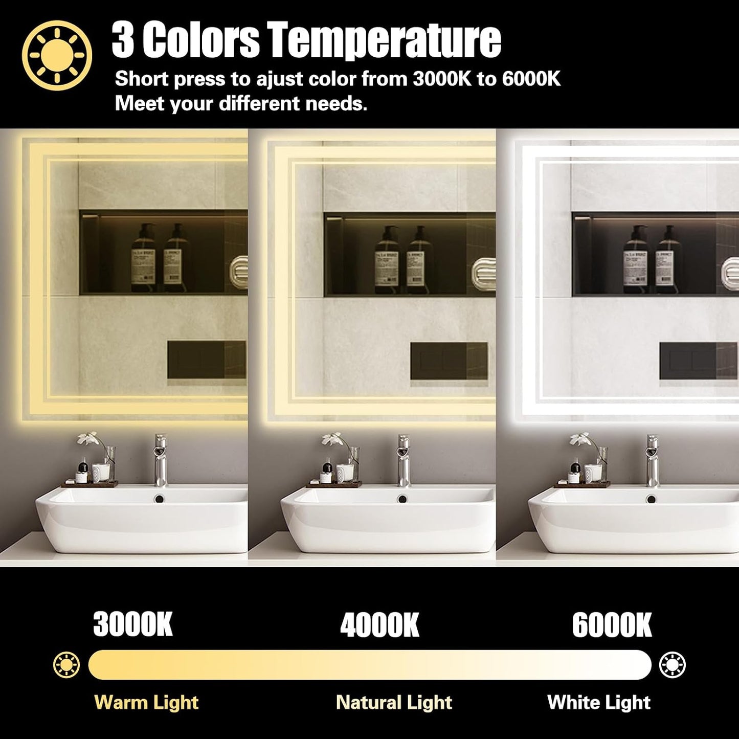 48 x 28'' LED Mirror for Bathroom Fogless Bathroom Mirror with LED Lights Stepless Dimmable 3 Colors Front and Backlit Lights Lighted Bathroom Mirror Wall Mounted Horizontal/Vertical