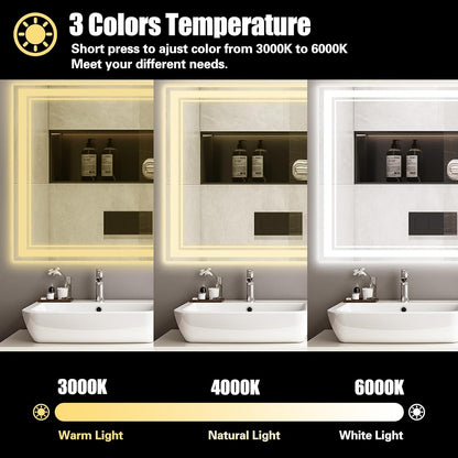 48 x 28'' LED Mirror for Bathroom Fogless Bathroom Mirror with LED Lights Stepless Dimmable 3 Colors Front and Backlit Lights Lighted Bathroom Mirror Wall Mounted Horizontal/Vertical