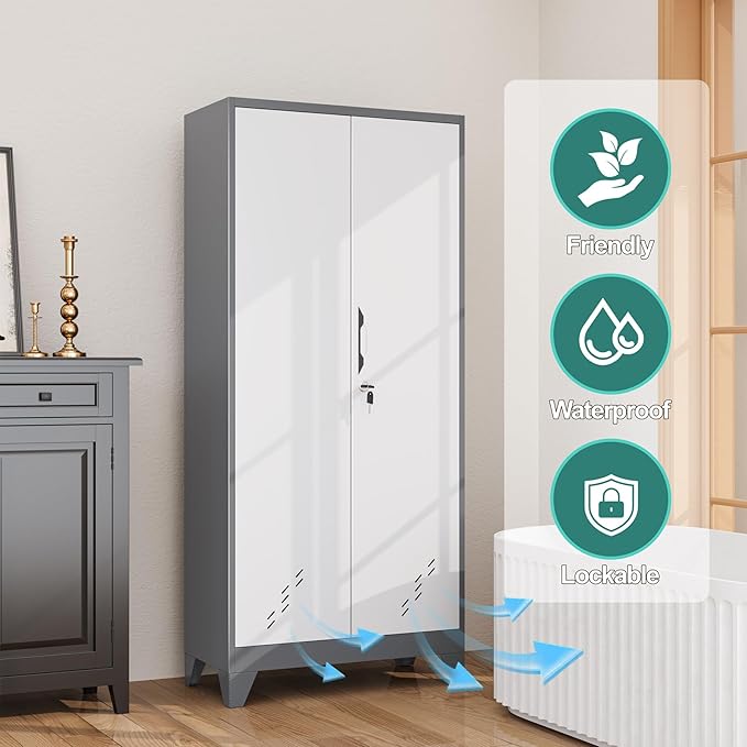 Metal Storage Cabinet with Locking Doors, Broom Closet/Freestanding Bathroom - Image 4