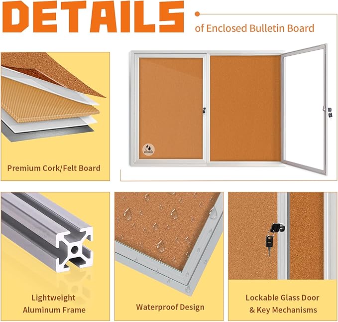 Lockable Outdoor Enclosed Bulletin Board, Weatherproof Cork Noticeboard - Image 3