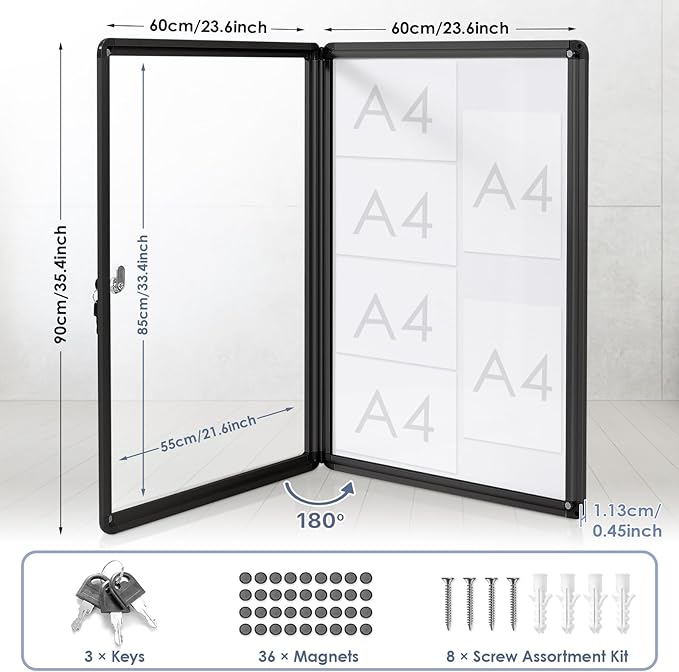 Enclosed Bulletin White Board 36x24 in, Lockable Wall Display Case - Image 2