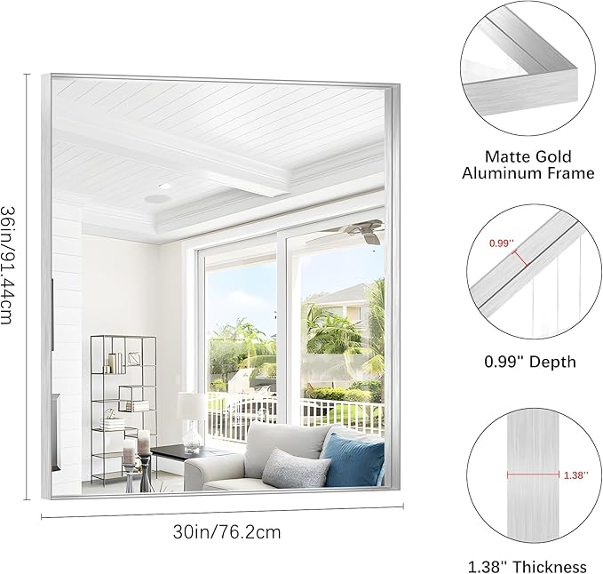 Silver Bathroom Mirror, 30x36 Inch Rectangular Framed Mirror, Large Wall - Image 3