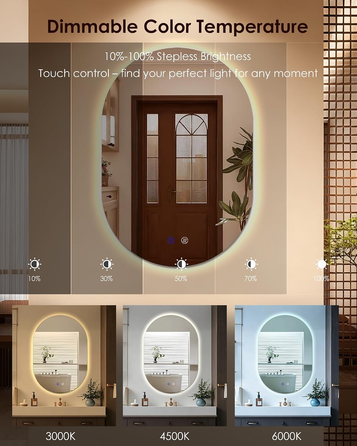 Irregular LED Bathroom Mirror 32"x22" Dimmable Anti Fog | Oval Shape, Shatterproof tempered glass, 3 color temps (3000K-6000K), stepless dimming, Mount vertical or horizontal