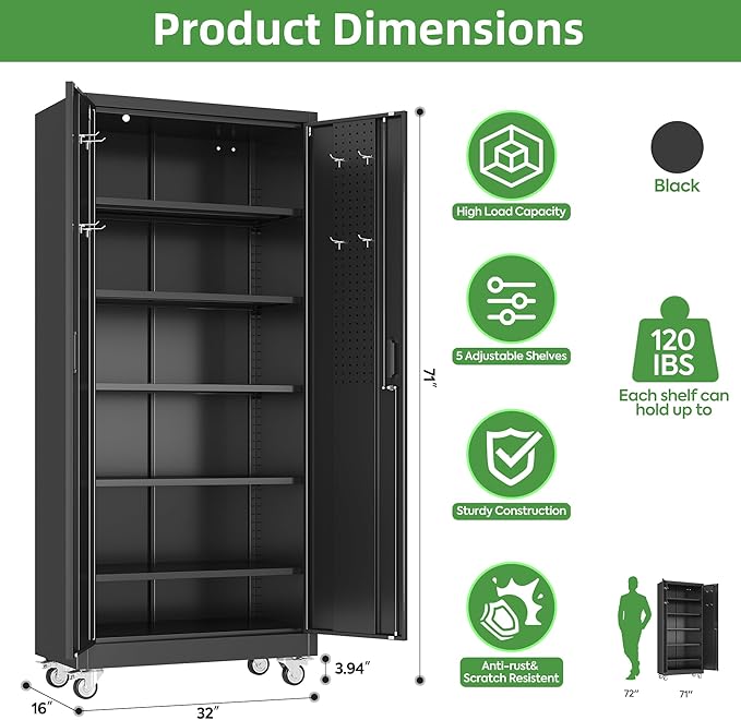 Garage Storage Cabinet with 5 Adjustable Shelves and Door Pegboard, Metal - Image 3