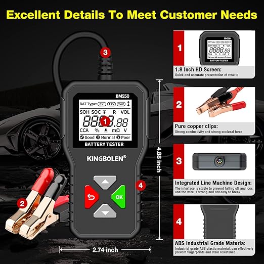 KINGBOLEN BM550 6V 12V 24V Car Battery Tester, 100-2000 CCA Voltage Tester - Image 4