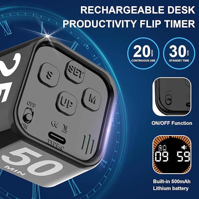 Rotating Cube Pomodoro Timer 5, 50 Min Preset + Custom Countdown, Desk - Image 7