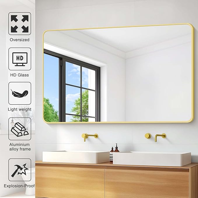55"x36" Gold Bathroom Mirror, Large Rectangle Mirror, Rectangular Wall Mirror - Image 4