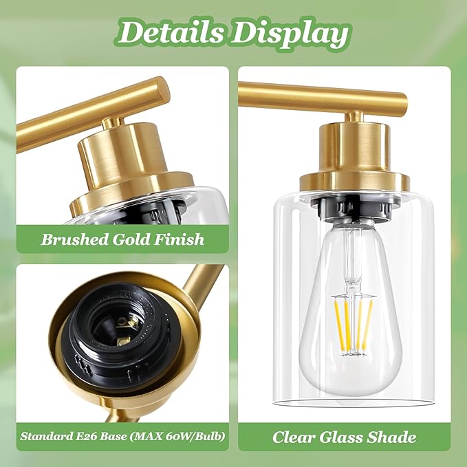 Guliaofo 2-Light E26 Bathroom Light Fixtures, Modern Brushed Gold Vanity Lights - Image 3