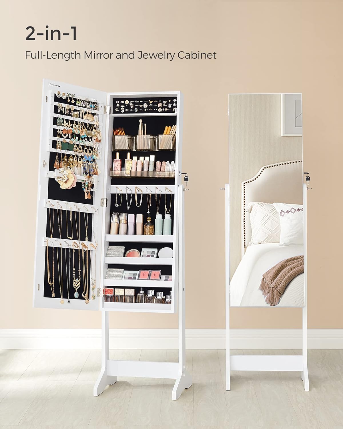 SONGMICS LED Jewelry Cabinet Standing, Lockable Armoire | Freestanding Storage Organizer with 2 Plastic Cosmetic Storage, Full-Length Mirror, for Necklace Earring, White UJJC002W01