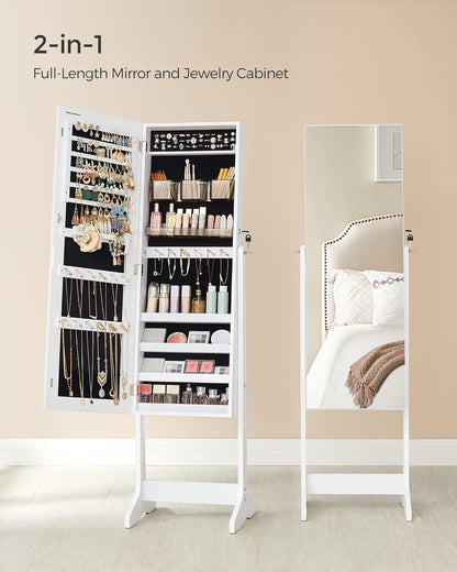 SONGMICS LED Jewelry Cabinet Standing, Lockable Armoire | Freestanding Storage Organizer with 2 Plastic Cosmetic Storage, Full-Length Mirror, for Necklace Earring, White UJJC002W01