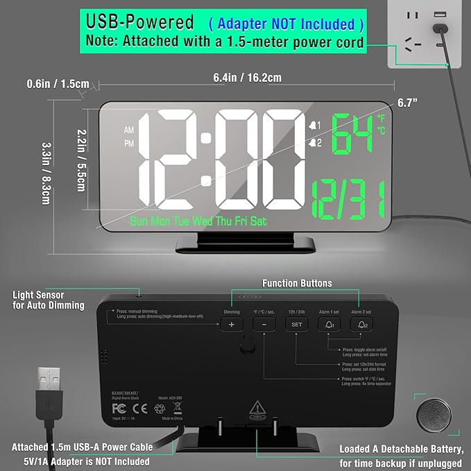 KOSUMOSU Desk Clock 6.7in Black Digital Alarm Clock - Image 5