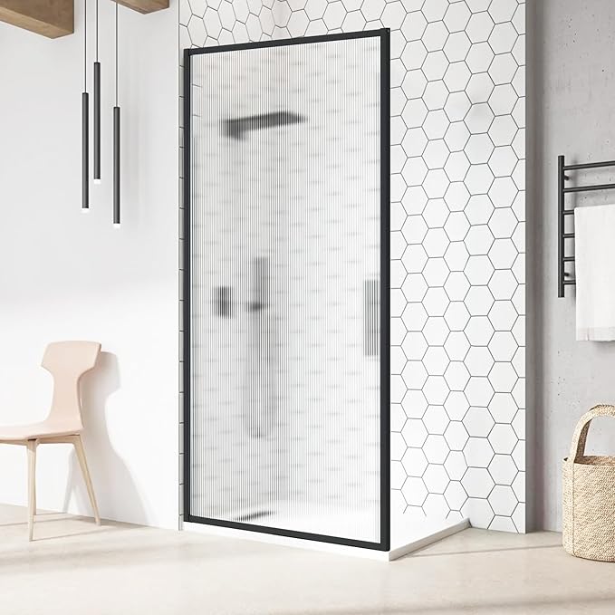 Shower Door 34" X 74" Clear Tempered Fluted Glass Framed Shower Screen Shower by SHOWERBATHTUBDOORSDEVELOPER