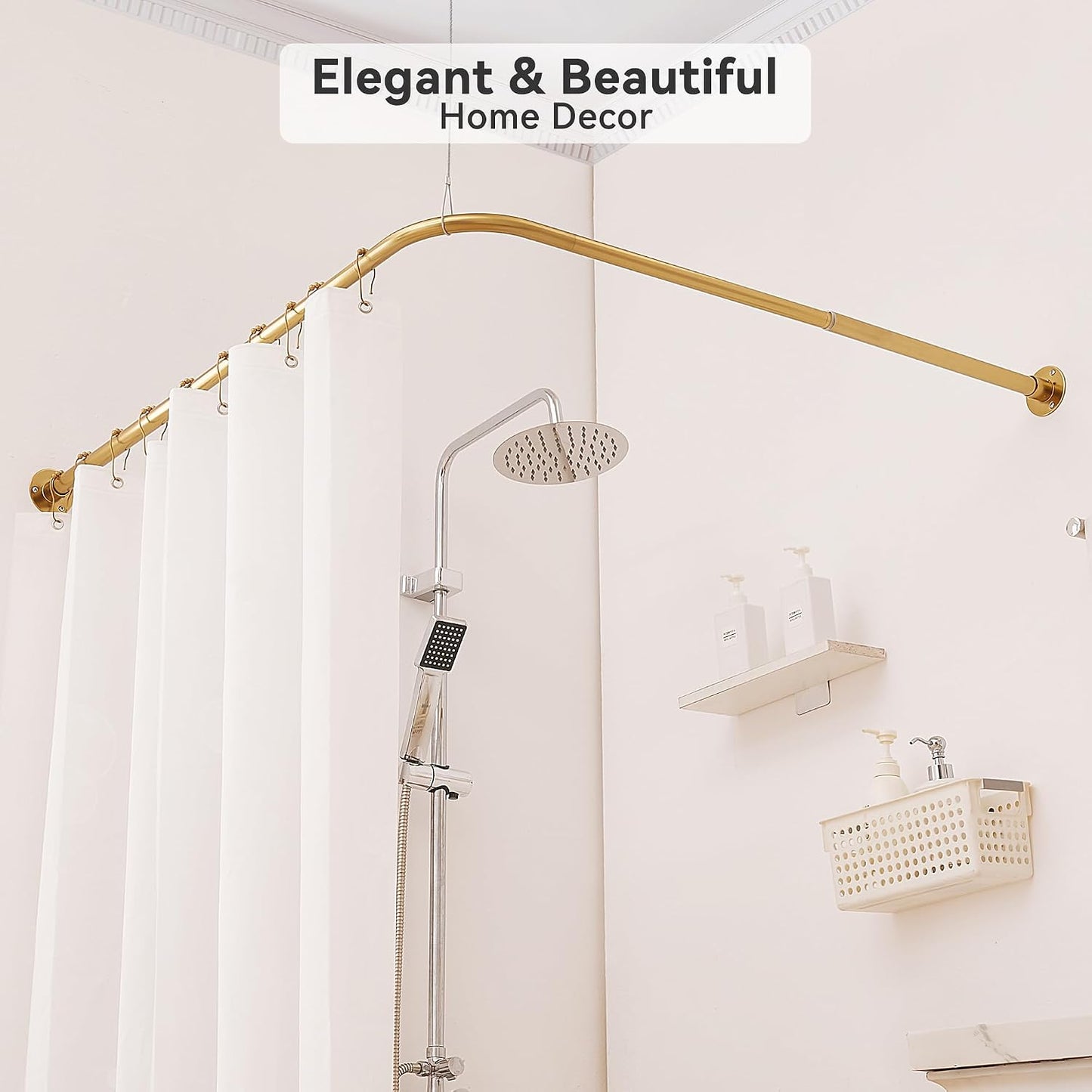 L Shaped Corner Shower Curtain Rod, [23.6"-52"] x [23.6"-52"] Heavy Duty 90 Degree Adjustable Shower Pole for Bathroom, Bathtub & Outdoor with 12 Hooks & Ceiling Support - Gold