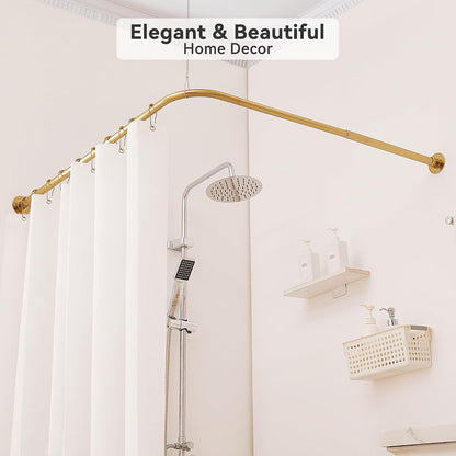 L Shaped Corner Shower Curtain Rod, [23.6"-52"] x [23.6"-52"] Heavy Duty 90 Degree Adjustable Shower Pole for Bathroom, Bathtub & Outdoor with 12 Hooks & Ceiling Support - Gold
