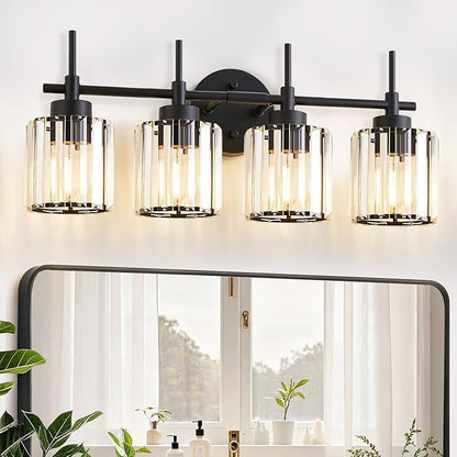 EJIAXIN 4 Light Round Crystal Vanity Lights, Modern Black Crystal Wall Light by WelcometoEJIAXIN