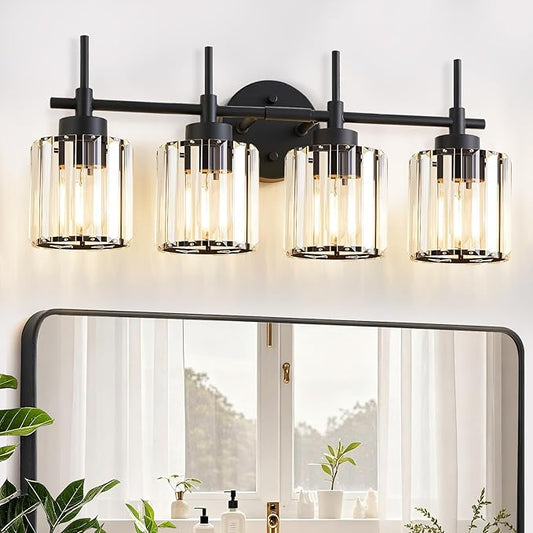 EJIAXIN 4 Light Round Crystal Vanity Lights, Modern Black Crystal Wall Light by WelcometoEJIAXIN