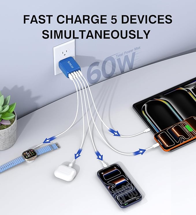 60W USB C Wall Charger Block, 5-Port C Charger Fast Charging Block PD Power - Image 2