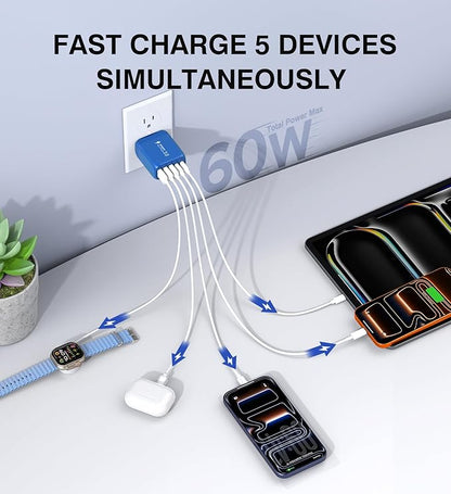 60W USB C Wall Charger Block, 5-Port C Charger Fast Charging Block PD Power - Image 2