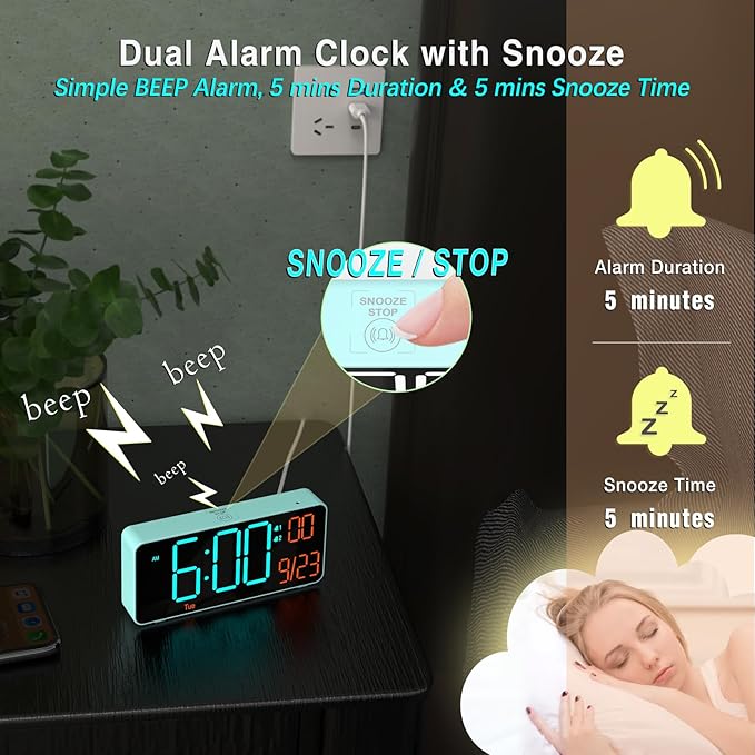 KOSUMOSU Alarm Clock for Bedroom, 6.7in Small Digital Clock, Auto Dimming - Image 6