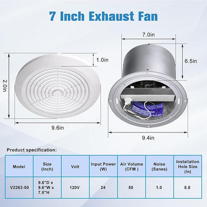 HTONG Innovation V2262-50 7 Inch Bathroom Exhaust Fan, 50 CFM Ceiling Exhaust - Image 2