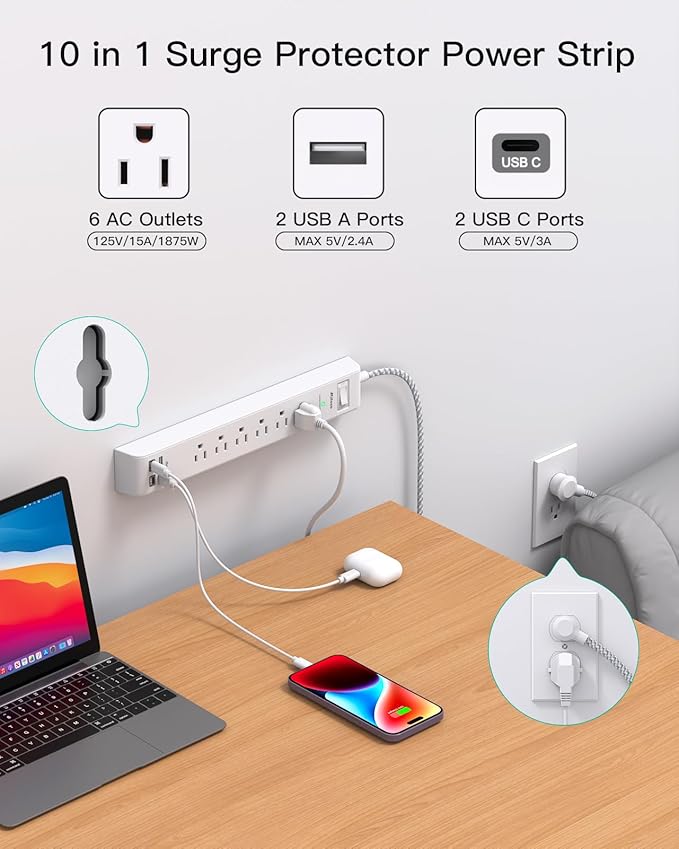 2 Pack Power Strip Surge Protector, 6 Outlets 4 USB Ports 5Ft Long Extension - Image 2
