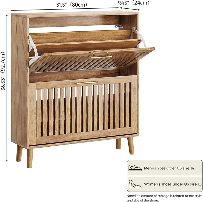Shoe Storage Cabinet with 2 Flip Slatted Drawers, Narrow Freestanding Shoe - Image 2