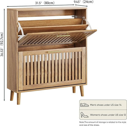 Shoe Storage Cabinet with 2 Flip Slatted Drawers, Narrow Freestanding Shoe - Image 2