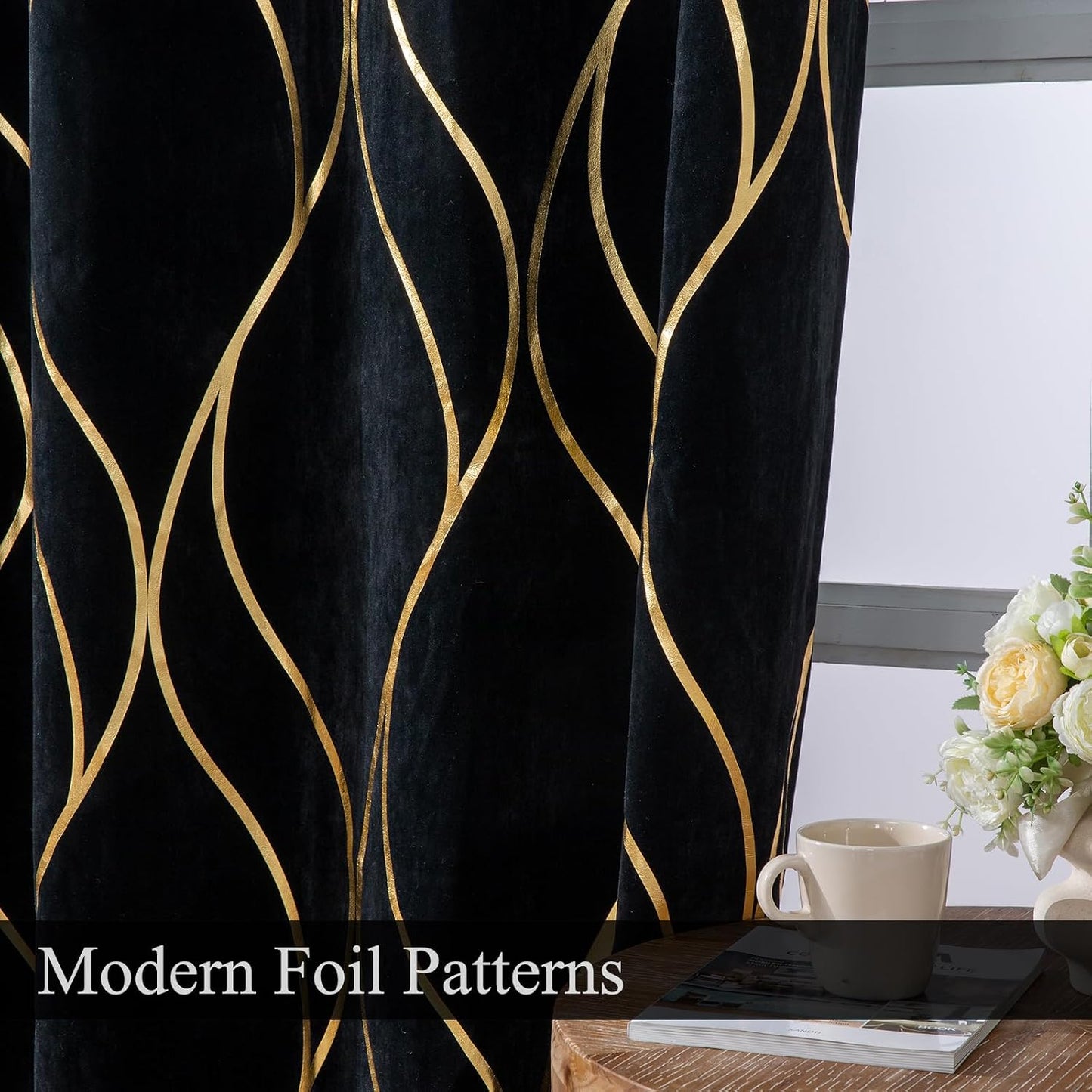 L.Z.E Black Gold Blackout Curtains for Bedroom, Heavy Duty Velvet Curtains 120 Inches Long 2 Panels Set, 80% Room Darkening Curtains for Living Room, Extra Long & Thick Drapes with Gold Pattern