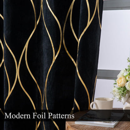 L.Z.E Black Gold Blackout Curtains for Bedroom, Heavy Duty Velvet Curtains 120 Inches Long 2 Panels Set, 80% Room Darkening Curtains for Living Room, Extra Long & Thick Drapes with Gold Pattern