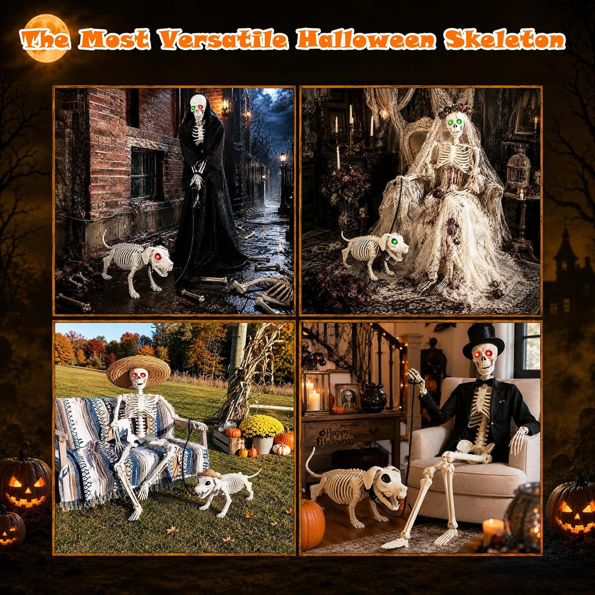 36'' Halloween Skeleton Decoration with Dog: Posable Skeleton Glowing...