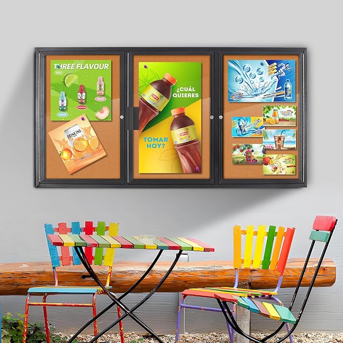 Enclosed Bulletin Board Lockable, 3 Doors Weatherproof Outdoor Noticeboard - Image 6