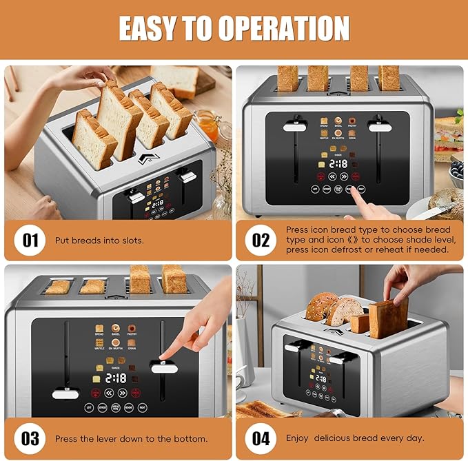 4 Slice Toaster, Touchscreen & Dual Independent Control Panel，5 Basic Functions - Image 7