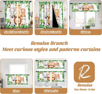 Renaiss 42 x 63 Inch Safari Animal Blackout Curtains for Kids Bedroom Tropical Rainforest Lions Tigers Elephants Giraffes African Jungle Plant Print Curtain Drapes for Baby Nursery Room Decor 2 Panels