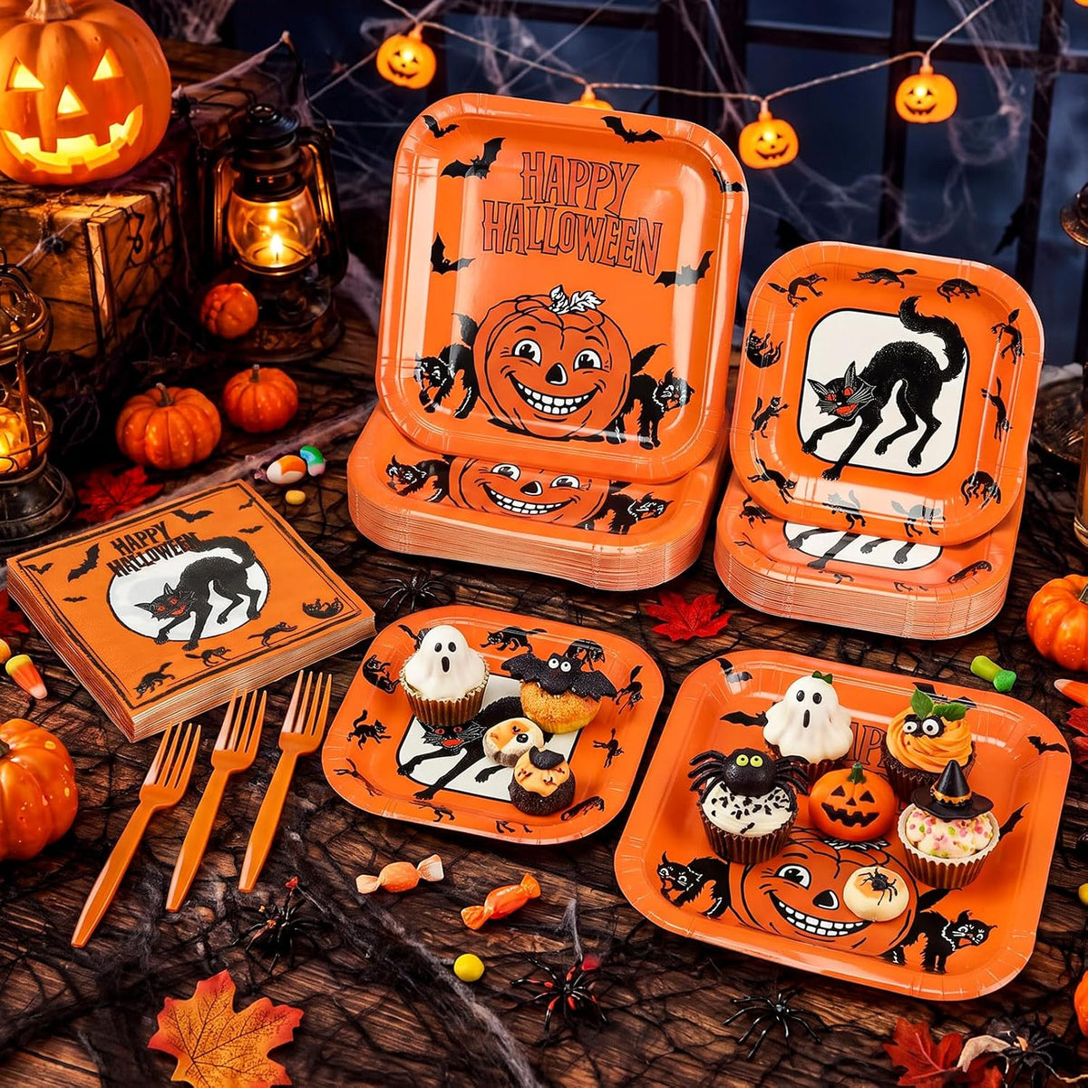 Rtteri 250 Pcs Vintage Halloween Plates and Napkins Set Serves 50