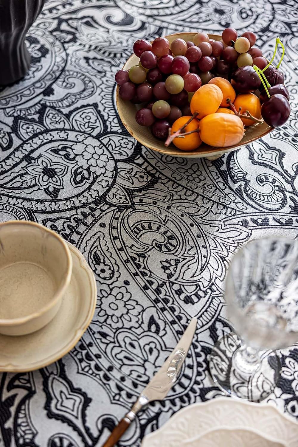 Black Jacquard Floral Tablecloth Rectangle 57”x70”, Waterproof & Wrinkle ...