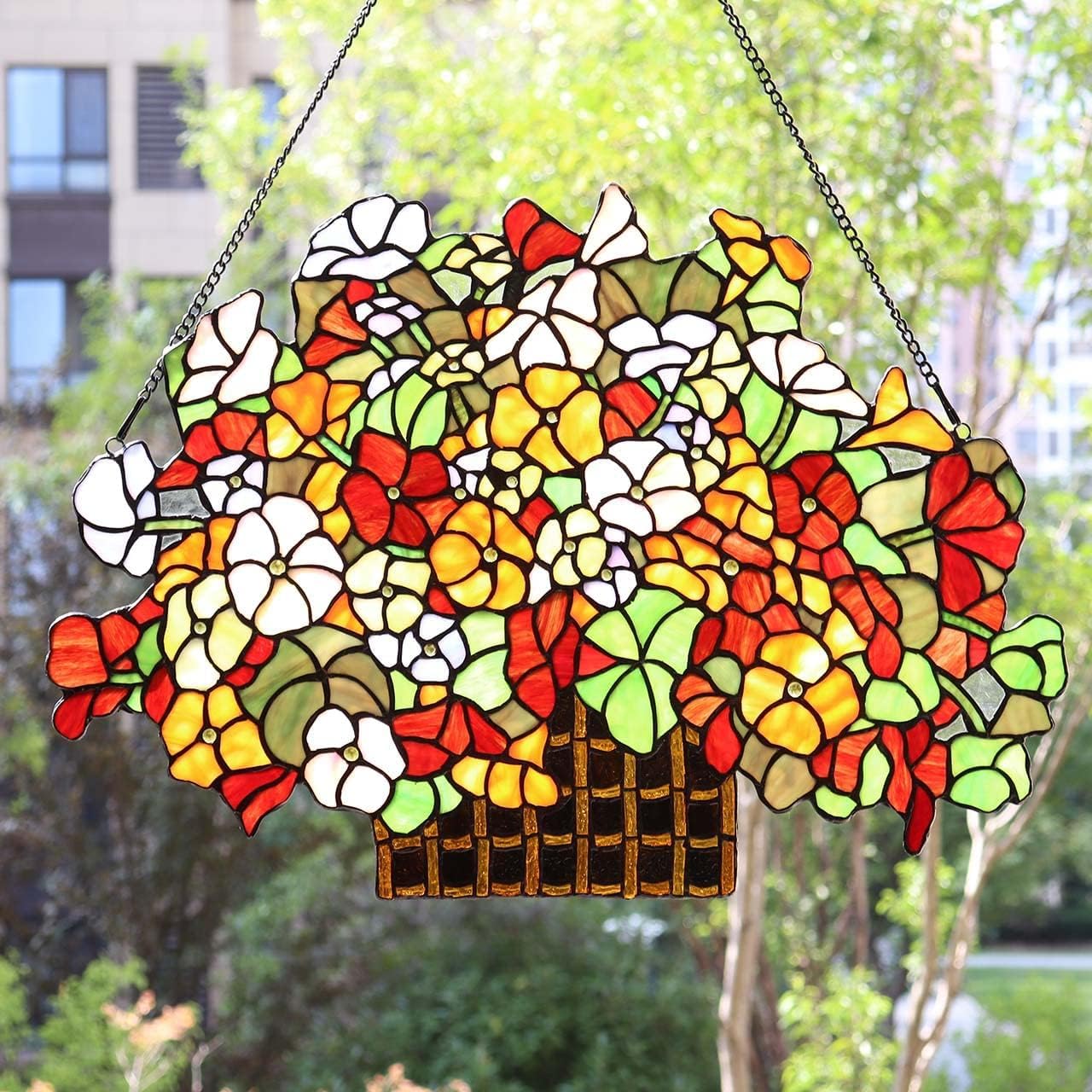 Bieye W10036 Forget-me-nots Flower Myosotis Decorated Basket Tiffany Style Stained Glass Window Panel with Chain, 24" W x 17" H
