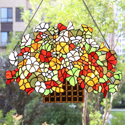 Bieye W10036 Forget-me-nots Flower Myosotis Decorated Basket Tiffany Style Stained Glass Window Panel with Chain, 24" W x 17" H