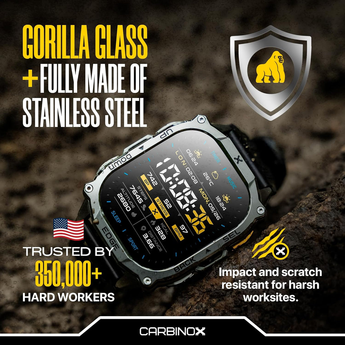 carbinox edge military smart watch for men, fitness, side view