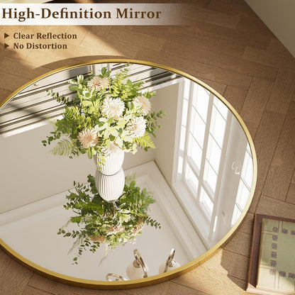 XRAMFY 40 Inch Round Mirror - Gold Circle Mirrors for Bathroom, Entryway | Modern Hanging Vanity Mirror, Aluminum Alloy Frame Matte Black Circle Decorative Wall Mirror for Living Room Wall Decor