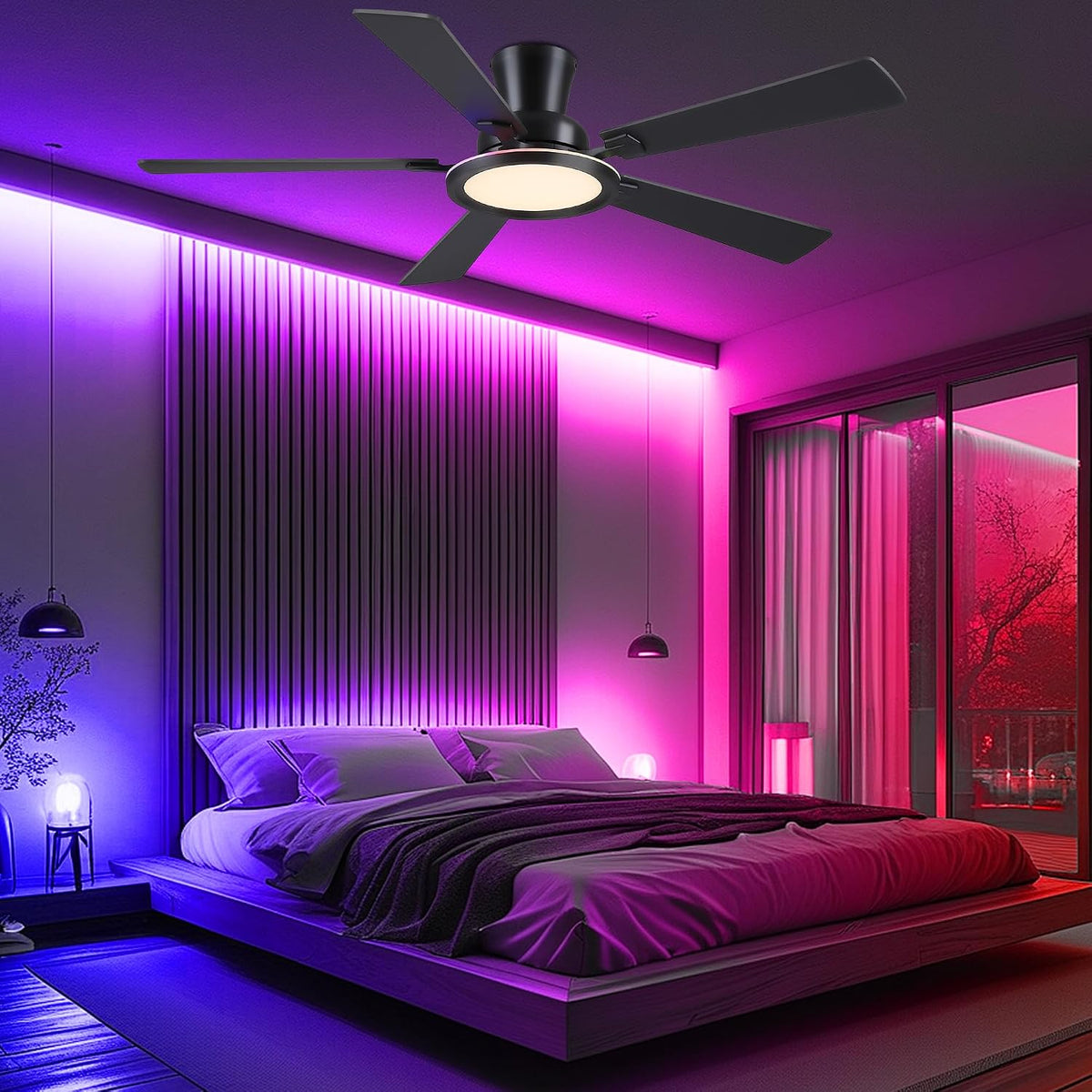 Ayaoty Ceiling Fans with Lights - 52in Flush Mount Ceiling Fan with RGB Dimma...