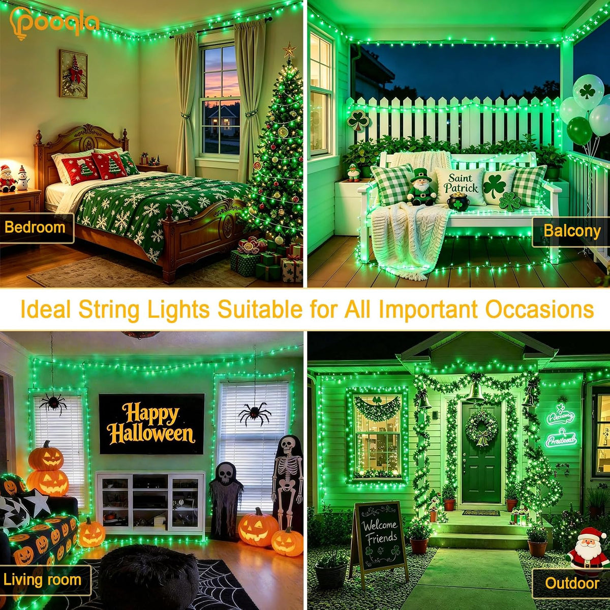 Pooqla 500 LED String Lights Indoor Outdoor, 164 ft Green Halloween Lights Pl...