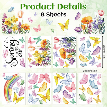 CCINEE 8 Sheets Spring Window Clings, Watercolor Butterfly Floral Decals Reusable Double-Sided Window Stickers for Home School Office Windows Glass Door Decor Party Supplies